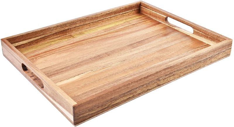 Photo 1 of Acacia Wood Serving Tray with Handles (17 Inches) – Decorative Serving Trays Platter for Breakfast in Bed, Lunch, Dinner, Appetizers, Patio, Ottoman, Coffee Table, BBQ, Party –Great for Lap &Couch
