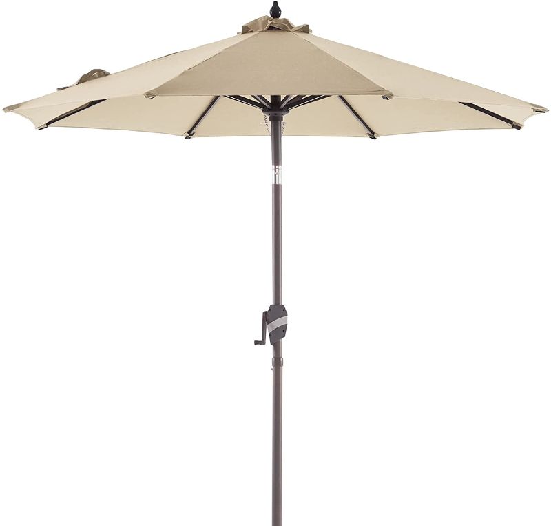 Photo 1 of BLUU Sunbrella 9 FT Aluminum Patio Umbrella Outdoor Market Table Umbrellas Aluminum Frame with Push Button Tilt, Crank Lift & Ventilation, 5-year Nonfading Sunbrella Canopy Canvas Antique Beige
