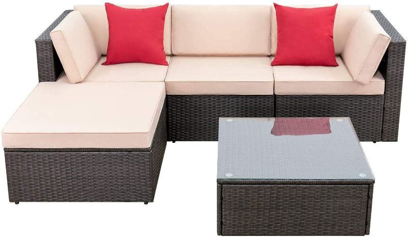 Photo 1 of  Patio Furniture Sets All Weather Outdoor Sectional Sofa Manual Weaving Wicker Rattan Patio Conversation Set with Cushion and Glass Table (Beige)
box 1 of 1