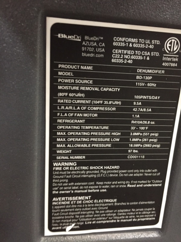 Photo 1 of BlueDri BD-130P 225PPD Industrial Commercial Dehumidifier with Hose for Basements in Homes and Job Sites, Blue