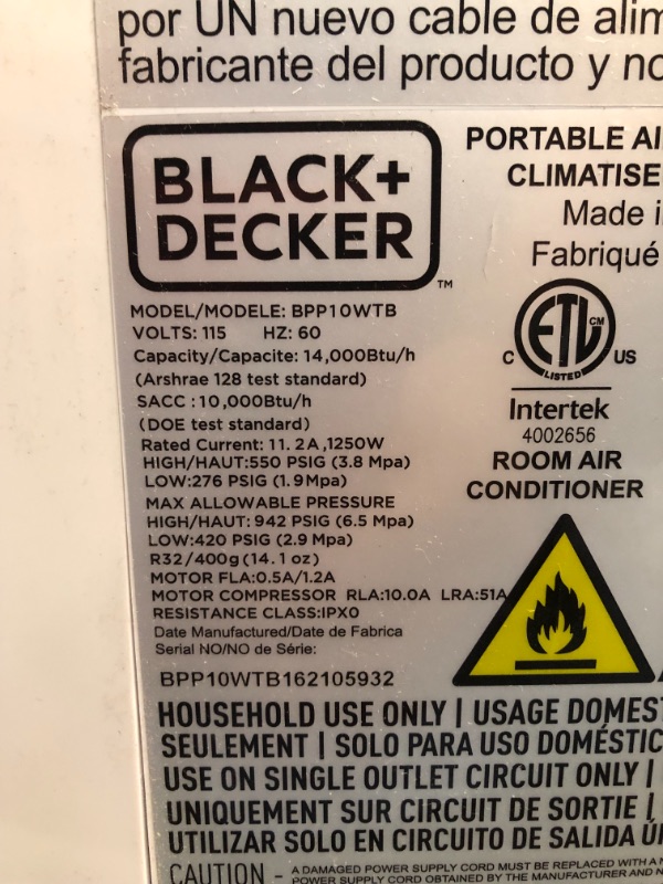 Photo 4 of BLACK+DECKER BPP10WTB Portable Air Conditioner with Remote Control, 10,000 BTU SACC/CEC (14,000 BTU ASHRAE), Cools Up to 450 Square Feet, White
