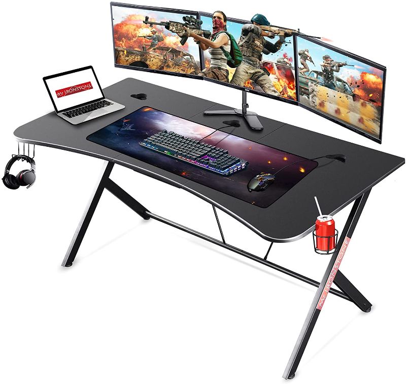 Photo 1 of Mr IRONSTONE Large Gaming Desk 63" W x 32" D Home Office Computer Table, Black Gamer Workstation with Cup Holder, Headphone Hook and 3 Cable Management Holes
