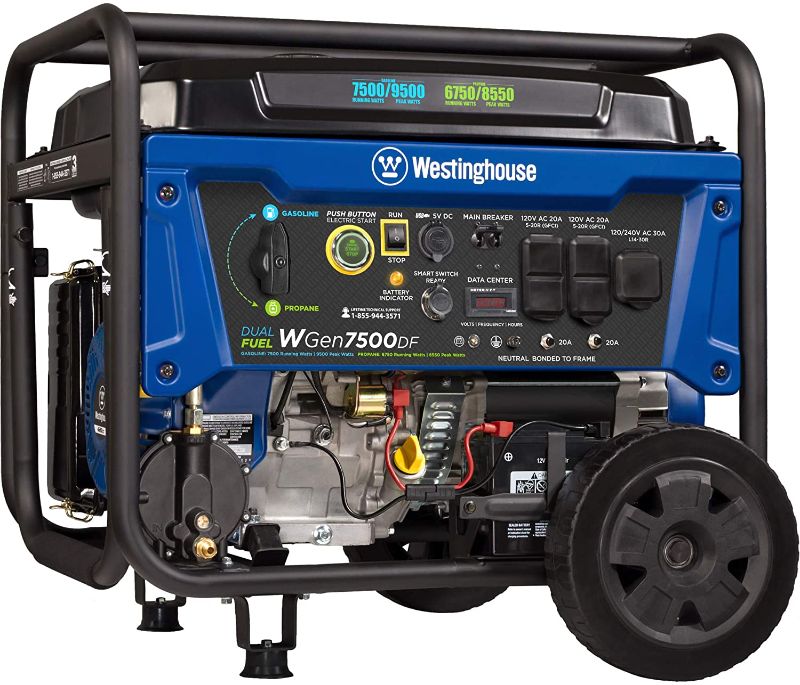 Photo 1 of Westinghouse Outdoor Power Equipment WGen7500DF Dual Fuel Portable Generator 7500 Rated & 9500 Peak Watts, Gas or Propane Powered, Electric Start, Transfer Switch Ready, CARB Compliant
