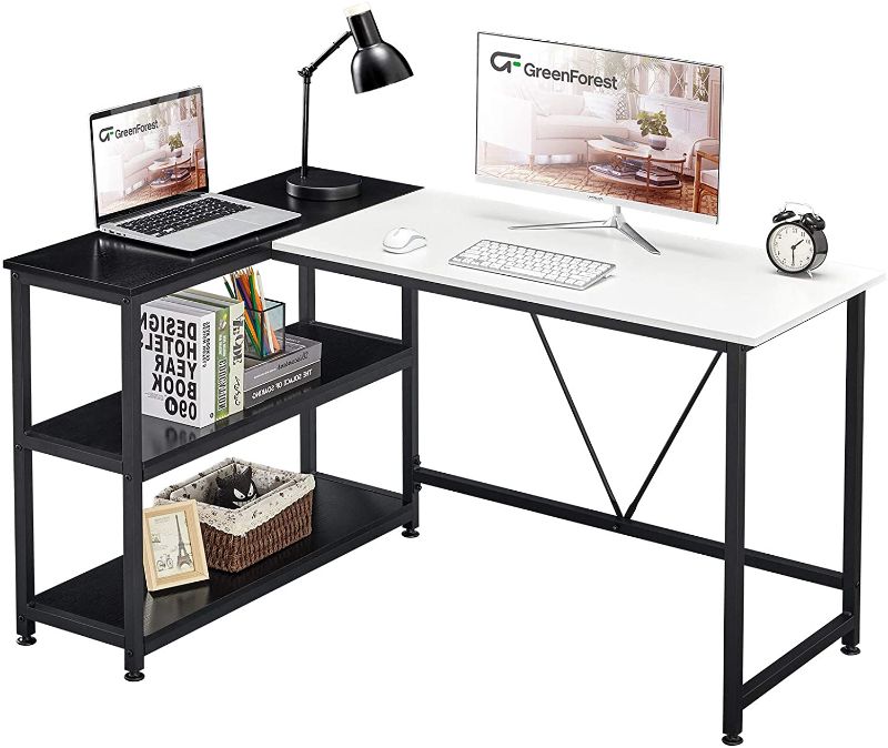 Photo 1 of GreenForest L Shaped Desk 51x35.4 inch Corner Computer Desk with Reversible Storage Shelf Saving Space Gaming Desk Study Writing Table for Home Office Workstation Laptop Table, White and Black
