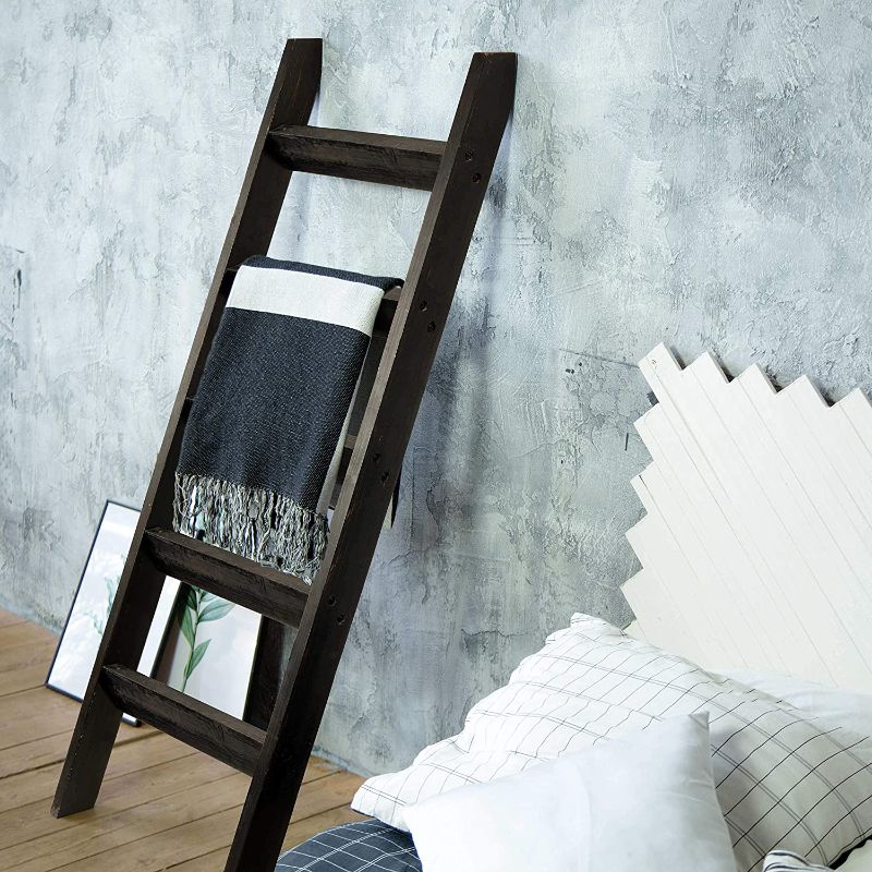 Photo 1 of Hallops Blanket Ladder 5 ft. Premium Wood Rustic Decorative Quilt Ladder. Black Vintage Wooden Decor. Blankets Holder Rack
