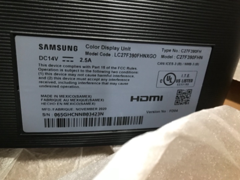 Photo 1 of Samsung C27F390 27" Curved Screen LED LCD Business Monitor - 1920 x 1080 FHD Display - Vertical Alignment (VA) Panel - 1800R Ultra-curved screen