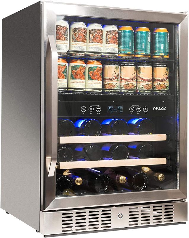 Photo 1 of NewAir 24” Wine and Beverage Refrigerator Cooler, 20 Bottle and 70 Can Capacity, Built-in or Freestanding Dual Zone Fridge in Stainless Steel with Splitshelf AWB-400DB
