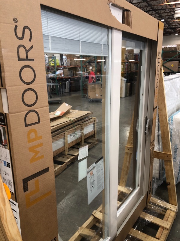 Photo 1 of 72 in. x 80 in. Woodgrain Interior Composite Prehung Right-Hand DP50 Sliding Patio Door with Blinds Between Glass
