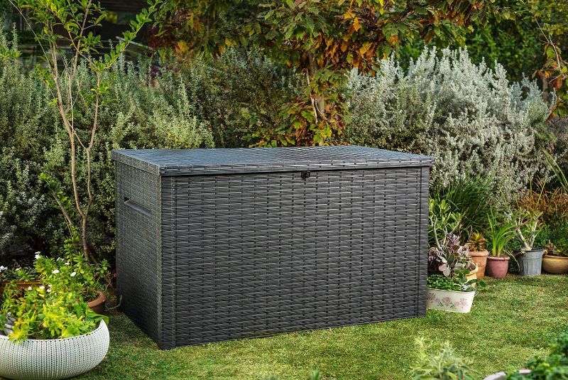 Photo 3 of Keter Java XXL 230 Gallon Resin Rattan Look Large Outdoor Storage Deck Box for Patio Furniture Cushions, Pool Toys, and Garden Tools, Grey
