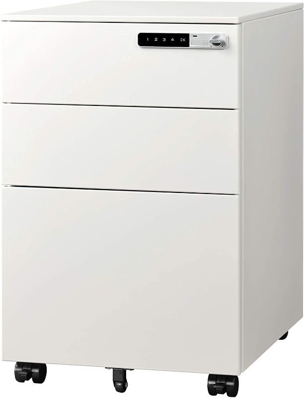 Photo 1 of DEVAISE 3-Drawer Mobile File Cabinet with Smart Lock, Pre-Assembled Steel Pedestal Under Desk, White
