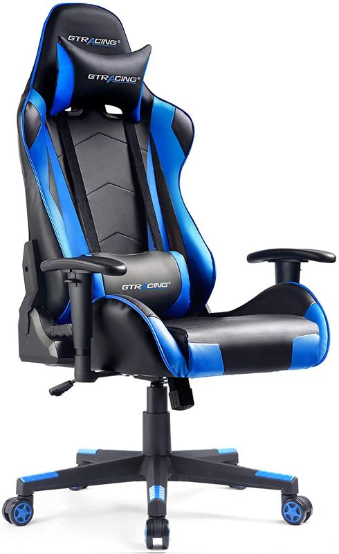 Photo 1 of GTRACING Gaming Chair Racing Office Computer Ergonomic Video Game Chair Backrest and Seat Height Adjustable Swivel Recliner with Headrest and Lumbar Pillow Esports Chair Blue
