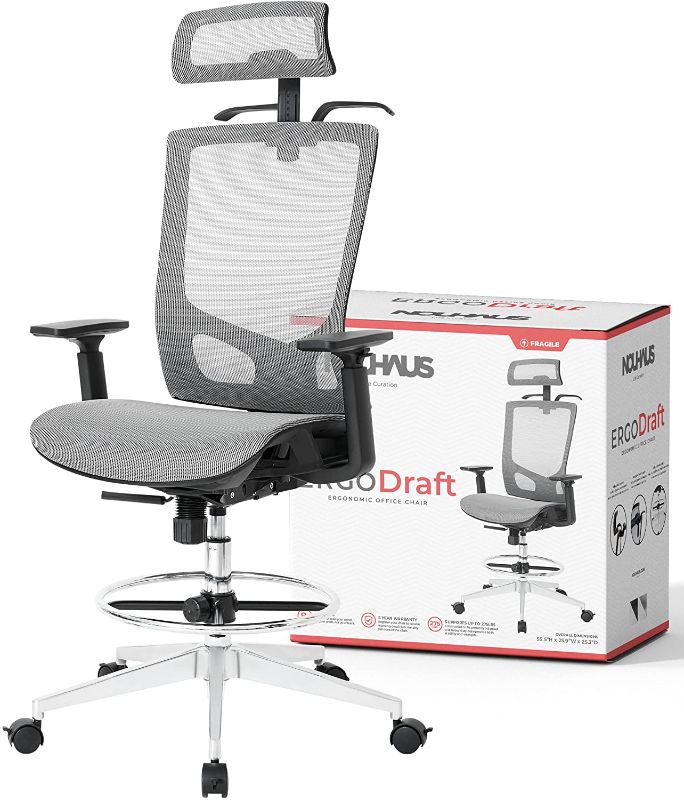 Photo 1 of NOUHAUS ErgoTASK/ErgoDRAFT – Ergonomic Task/Draft Chair, Computer Chair and Office Chair with Headrest. Rolling Swivel Chair with Wheels (Grey, ErgoDraft)
