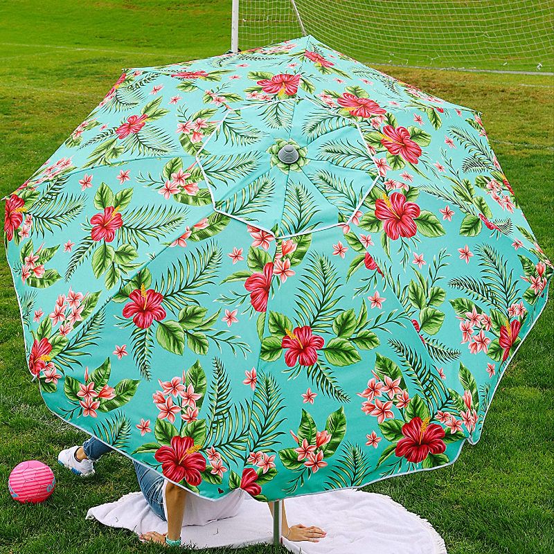 Photo 1 of Beach and Grass Umbrella with Matching Travel Carrying Bag - Large 7 Feet 5 Inches Tilting Telescopic Aluminum Pole - Twist Sand/Grass Anchor - Wind Air Vent - Fiberglass Ribs (Floral Hibiscus)
