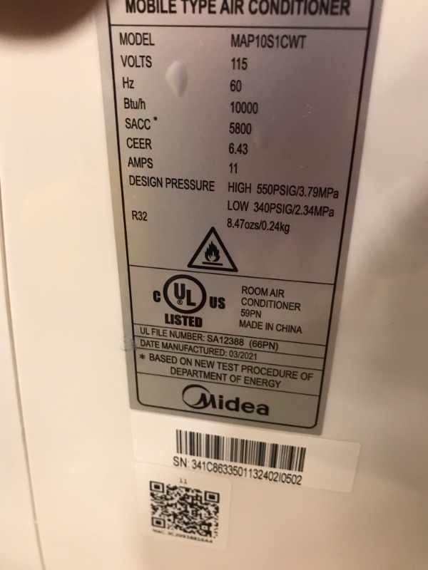 Photo 1 of MIDEA 3-in-1 Portable Air Conditioner, Dehumidifier, Fan, for Rooms up to 200 sq ft Enabled, 10,000 BTU DOE (5,800 BTU SACC) Control with Remote, Smartphone or Alexa
