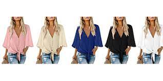 Photo 1 of Zecilbo Women's Button Decoration Front Tie Knot Bell 3/4 Sleeve Shirt Tops V Neck Casual Loose Blouses blue--MEDIUM// BLUE

