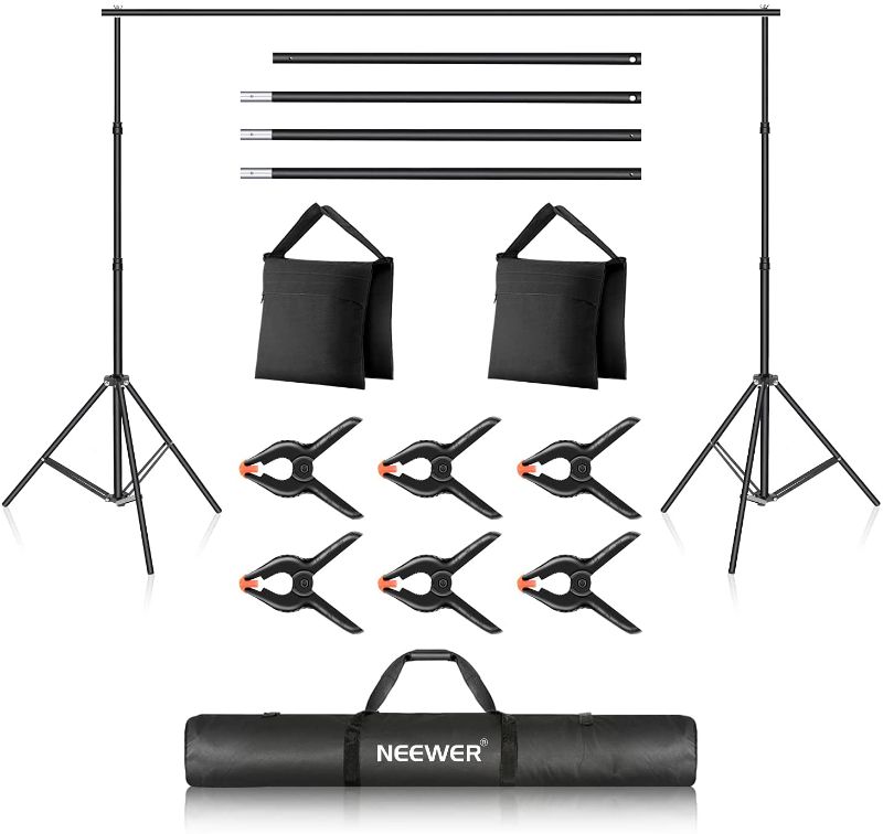 Photo 1 of PARTS ONLY*** Neewer Photo Studio Backdrop Support System, 10ft/3m Wide 7ft/2.1m High Adjustable Background Stand with 4 Crossbars, 6 Backdrop Clamps, 2 Sandbags, and Carrying Bag for Portrait & Studio Photography INCOMPLETE
