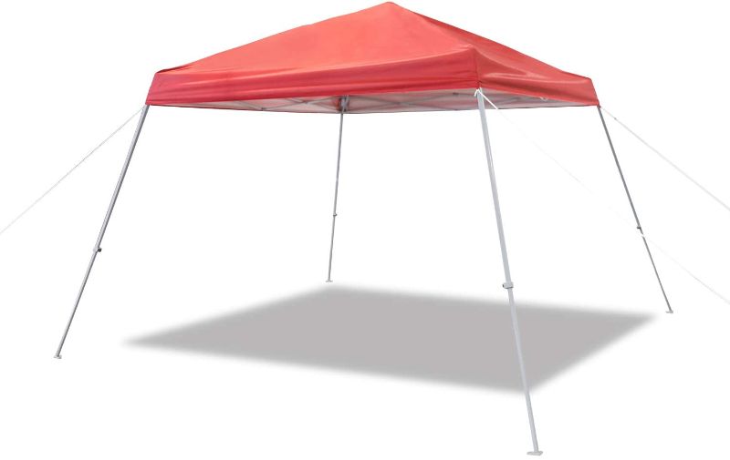 Photo 1 of Amazon Basics Outdoor Pop Up Canopy, 9ft x 9ft Top Slant Leg with Wheeled Carry, Red
