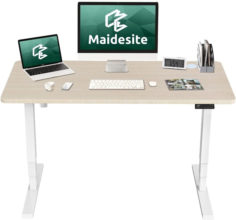 Photo 1 of MAIDeSITe 3-Stage Electric Height Adjustable Standing Desk, 55" x 28" Single Motor Sit Stand Home Office Desk with Smart Controller, 23.6" - 49.2" Lifting Range?Oak?
