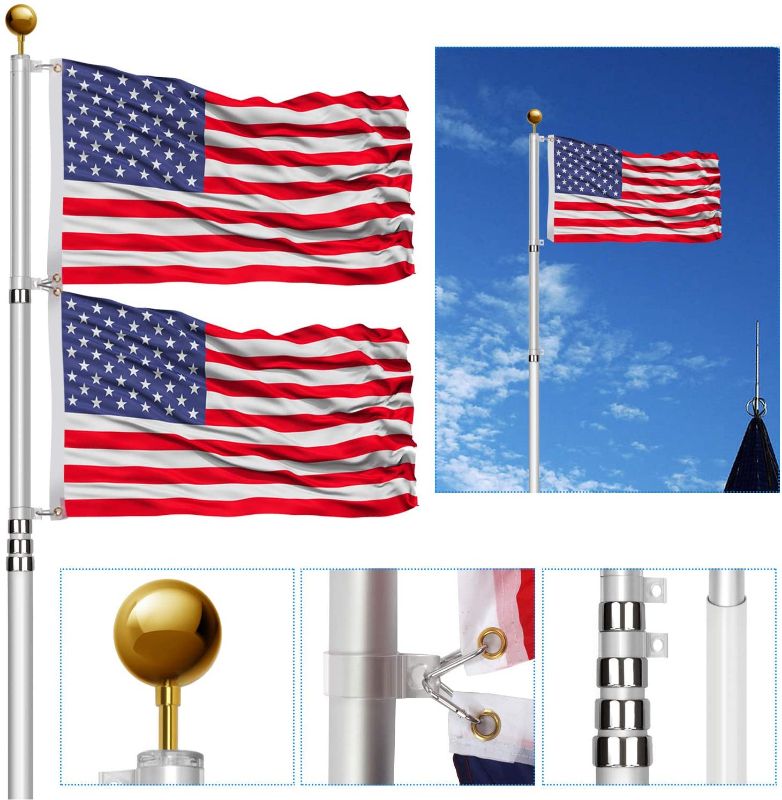 Photo 1 of 20FT Telescoping Flag Poles Kit,Heavy Duty 16 Gauge Aluminum Telescopic Flagpole Kit with 3'x5' USA Flag & Golden Ball Topper,In ground flagpole for yard house Residential commercial Outdoor garden
