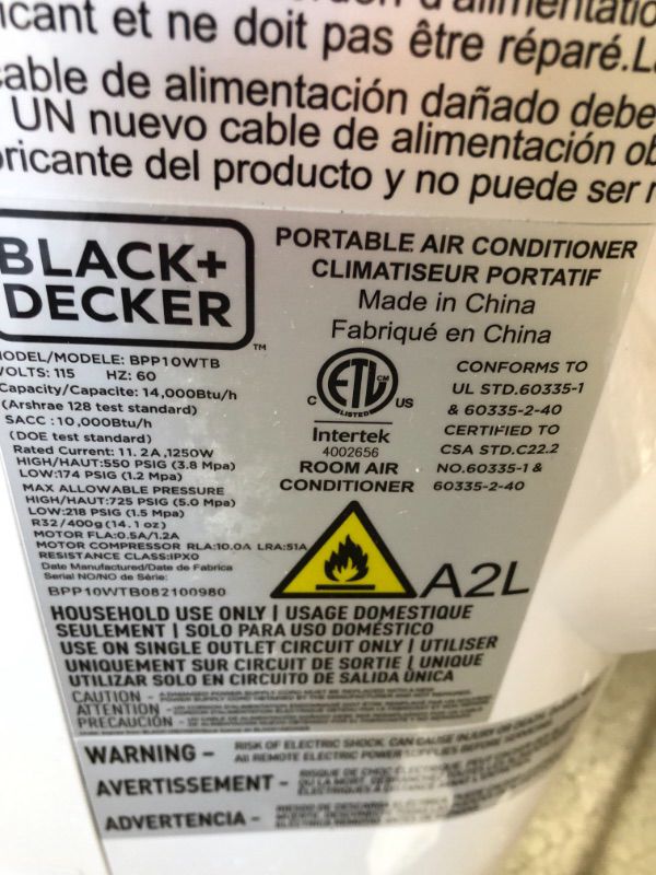 Photo 2 of BLACKDECKER BPP10WTB Portable Air Conditioner with Remote Control