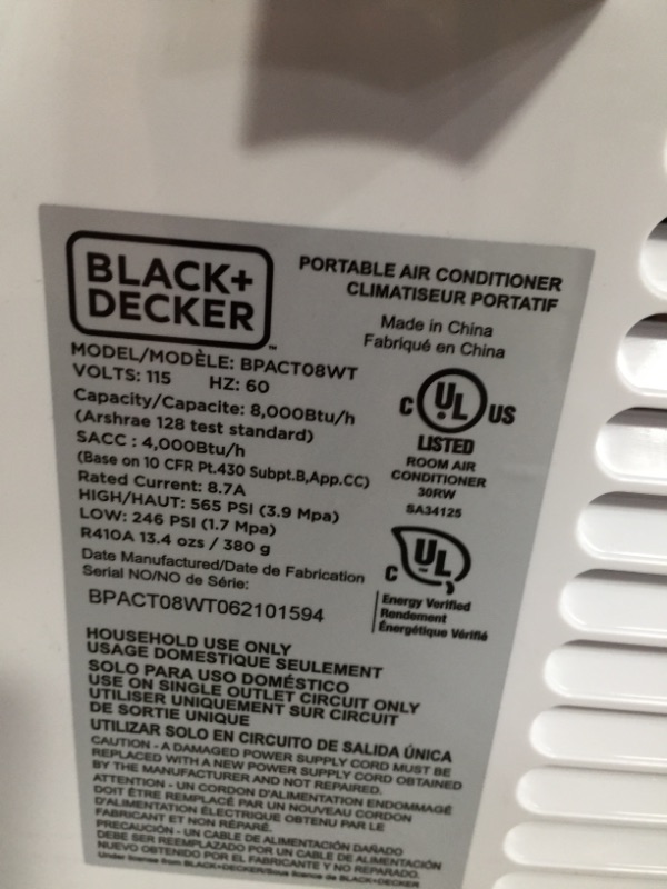 Photo 3 of Black+decker BPACT10WT 10,000 BTU Portable Air Conditioner with Remote

//tested ,working