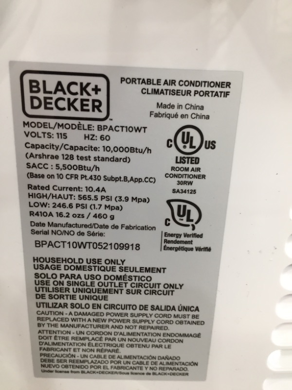 Photo 5 of BLACK+DECKER BPACT10WT Portable Air Conditioner with Remote Control, 10,000 BTU, Cools Up to 250 Square Feet, White

//tested, turns on 
