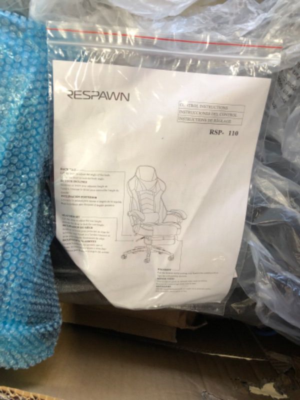 Photo 2 of RESPAWN RSP110 Racing Style Gaming Reclining Ergonomic Chair with Footrest Blue

//MISSING HARDWARE//PREVIOUSLY OPENED