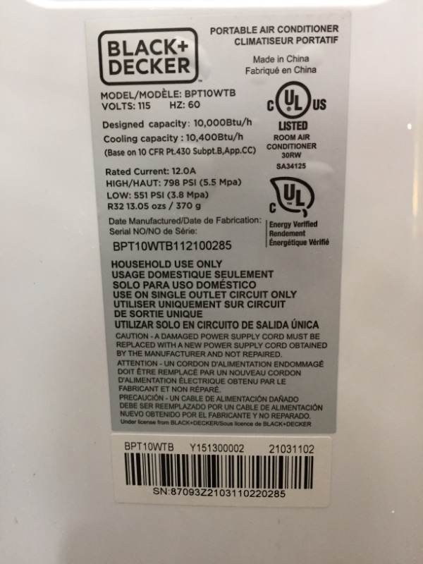 Photo 5 of BLACK+DECKER BPT10WTB Portable Air Conditioner with Remote Control, 10,000 BTU SACC/CEC (14,000 BTU ASHRAE), Cools Up to 450 Square Feet, White


//MISSING COMPONENTS// UNABLE TO TEST