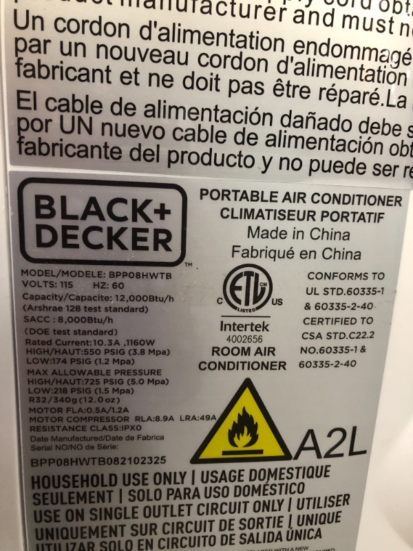 Photo 6 of BLACK+DECKER BPP08HWTB Portable Air Conditioner with Heat and Remote Control, 8,000 BTU SACC/CEC (12,000 BTU ASHRAE), Cools Up to 350 Square Feet, White

//TESTED, WORING// USED// DIRTY
