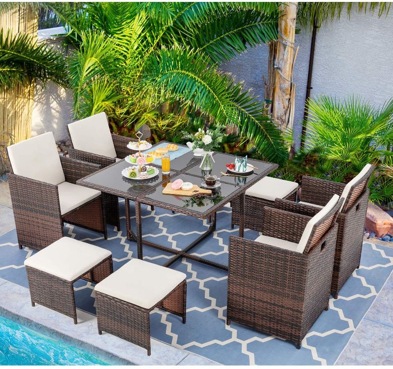 Photo 1 of BOX 3 OF 3 ONLY 1 BOX
 9 Piece Small Patio Dining Set, Outdoor Space Saving PE Wicker Dining Furniture Set, Glass Patio Dining Table with Cushioned Wicker Chairs and Ottoman Sets for Lawn, Garden, Backyard (Beige)