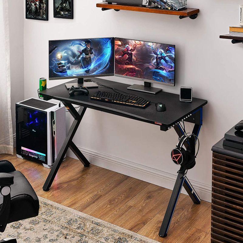 Photo 1 of Mr IRONSTONE Gaming Desk 45 W x 23 inches  D Home Office Desk, Gaming Workstation with Power Strip of 3-Outlet & 2 USB Ports, Cup Holder, Headphone Hook, and Cable Management (Blue)