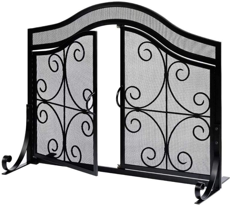 Photo 1 of Amagabeli Fireplace Screen with Doors Large Flat Guard Fire Screens Outdoor Metal Decorative Mesh Solid Wrought Iron Fire Place Panels Wood Burning Stove Accessories Black
