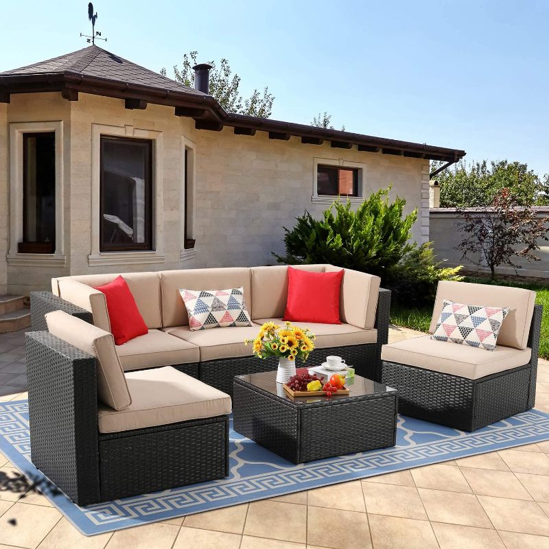 Photo 1 of ***BOX 3 OF 3 *** Vongrasig 6 Piece Small Patio Furniture Sets, Outdoor Sectional Sofa All Weather PE Wicker Patio Sofa Couch Garden Backyard Conversation Set with Glass...
