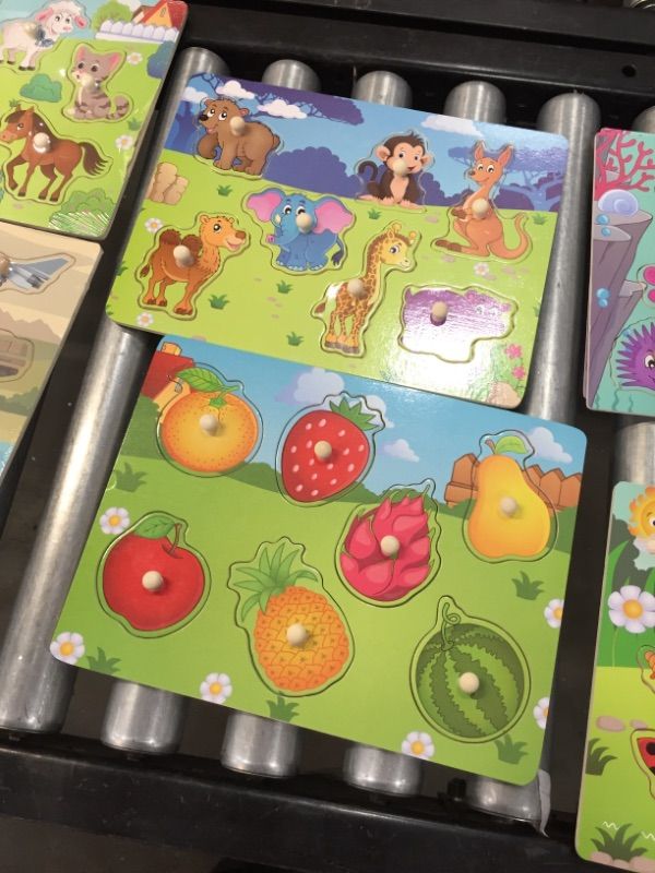 Photo 1 of 10 Pack XPCARE Wooden Peg Puzzles with Storage Shelf Set Early Childhood Education WoodenPuzzle,Including Animal Vehicle Alphanumeric, some of the pieces have very minor damage but overall in very good condition
