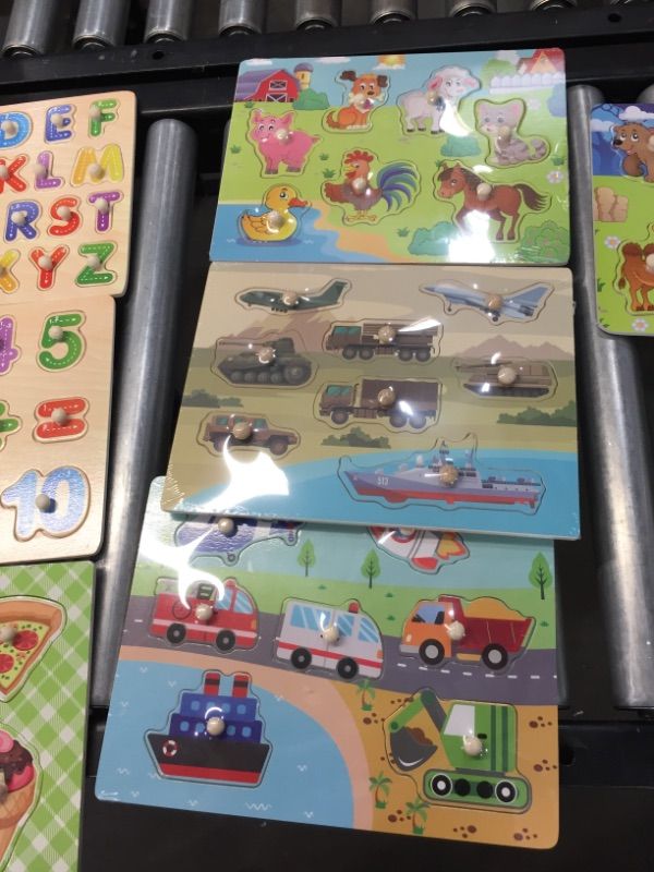 Photo 5 of 10 Pack XPCARE Wooden Peg Puzzles with Storage Shelf Set Early Childhood Education WoodenPuzzle,Including Animal Vehicle Alphanumeric, some of the pieces have very minor damage but overall in very good condition