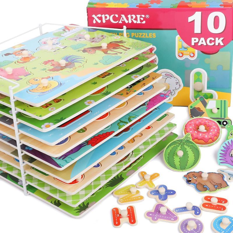 Photo 1 of 10 Pack XPCARE Wooden Peg Puzzles with Storage Shelf Set Early Childhood Education WoodenPuzzle,Including Animal Vehicle Alphanumeric, some of the pieces have very minor damage but overall in very good condition