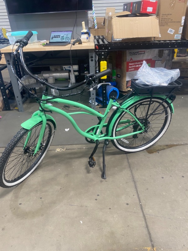 Photo 3 of SOME DAMAGE***LOOK AT PHOTOS**NO SEAT****sixthreezero Electric-Bicycles Around The Block Women's Ebike, 250/500 Watt Motor, 7-Speed Beach Cruiser Bicycle with Rear Rack, 26" Wheels, Multiple Colors
