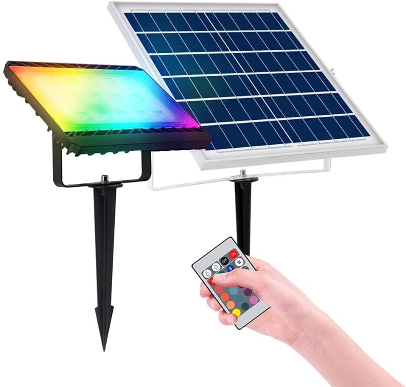 Photo 1 of 120W RGB Solar Flood Light Outdoor,Dimmable Color Changing Solar Spotlight Outdoor with Remote Control, IP65 Waterproof Solar LED Flag Pole Light with 16 Colors,4 Modes for Garden, Lawn, Patio, Tree, Yard
