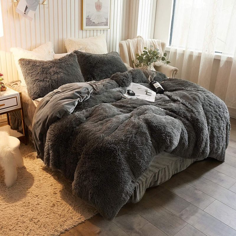 Photo 1 of XeGe Plush Shaggy Duvet Cover Luxury Ultra Soft Crystal Velvet Bedding 1PC(1 Faux Fur Duvet Cover),Zipper Closure (Queen, Dark Gray)
