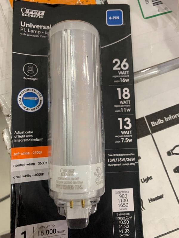 Photo 2 of 13-Watt/18-Watt/26-Watt Equivalent PL Horizontal 4-Pin Universal Color Select(2700K,3500K,4100K) LED Light Bulb (1-Bulb)