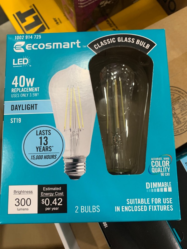 Photo 2 of 40-Watt Equivalent ST19 Dimmable Clear Glass Filament Vintage Edison LED Light Bulb Daylight (2-Pack)