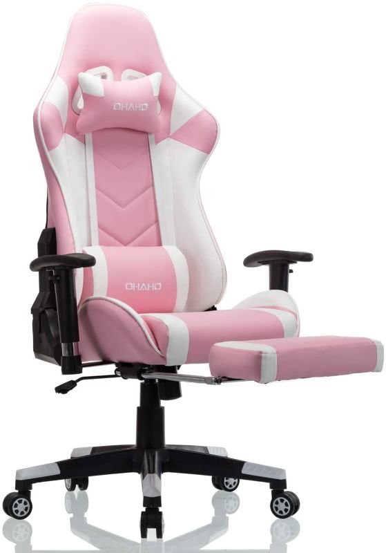 Photo 1 of OHAHO Gaming Chair Racing Style Office Chair Adjustable Massage Lumbar Cushion Swivel Rocker Recliner Leather High Back Ergonomic Computer Desk Chair with Retractable Arms and Footrest (Pink/White)
AS IS USED, MINOR COSMETIC WEAR FROM PREVIOUS USE (DIRTY)