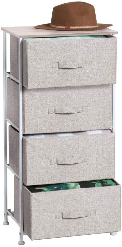 Photo 1 of mDesign Tall Dresser Storage Tower Stand - Sturdy Steel Frame, Wood Top, 4 Drawer Easy Pull Fabric Bin - Organizer for Bedroom, Hallway, Entryway, Closet - Textured Print - GRAY/White
