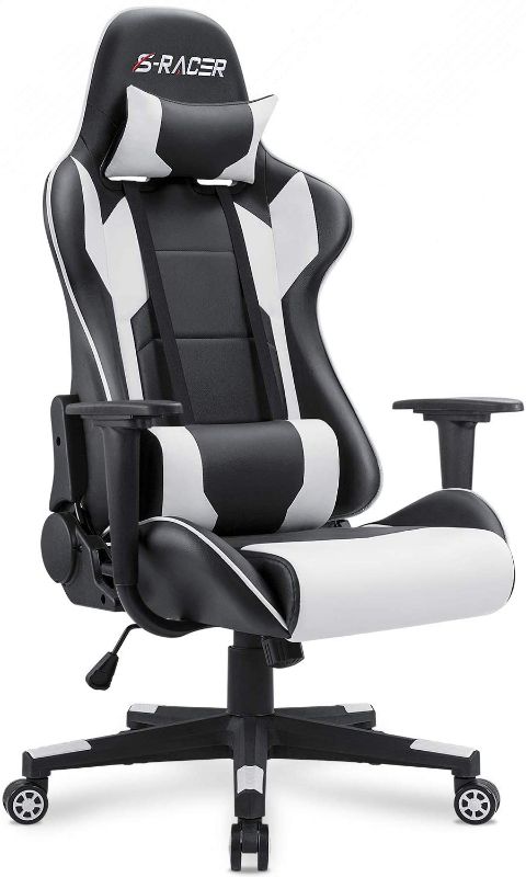 Photo 1 of Homall Gaming Chair Office Chair High Back Computer Chair Leather Desk Chair Racing Executive Ergonomic Adjustable Swivel Task Chair with Headrest and Lumbar Support (White) AS IS USED, HARDWARE NOT IN ORIGINAL PACKAGING
