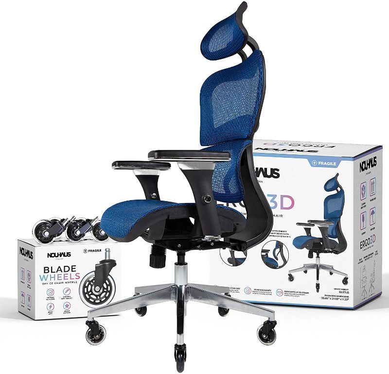 Photo 1 of NOUHAUS Ergo3D Ergonomic Office Chair - Rolling Desk Chair with 4D Adjustable Armrest, 3D Lumbar Support and Blade Wheels - Mesh Computer Chair, Gaming Chairs, Executive Swivel Chair (Blue)
