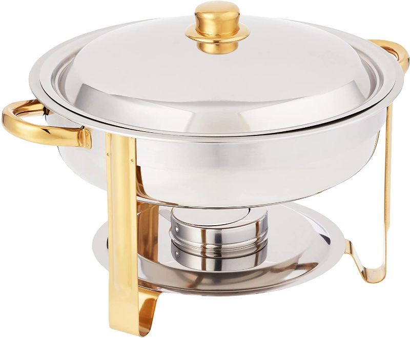 Photo 1 of Winco Winware 4 Quart Round Stainless Steel Gold Accented Chafer
