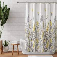 Photo 1 of 70 in. x 72 in. Yellow and Grey Eva Flowers Fabric Shower Curtain
