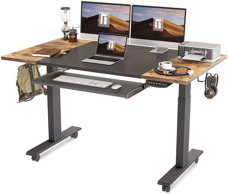 Photo 1 of FEZIBO Dual Motor Height Adjustable Electric Standing Desk with Keyboard Tray, 63 x 24 Inch Sit Stand Table with Splice Board, Black Frame/Rustic Brown and Black Top
