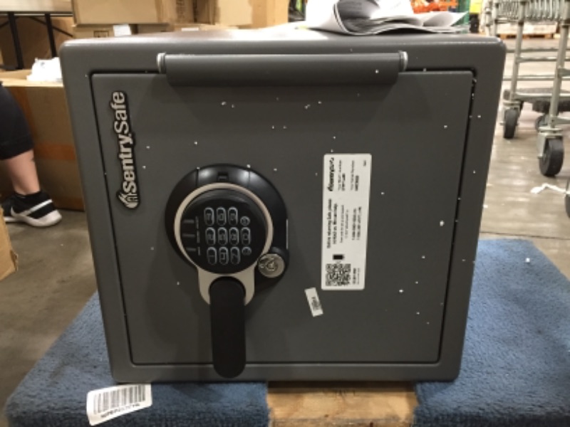 Photo 3 of SentrySafe SFW123GDC Fireproof Waterproof Safe with Digital Keypad, 1.23 Cubic Feet, Gun Metal Gray MISSING KEYS, MINOR COSMETIC DMAGE PLEASE SEE PHOTOS 
