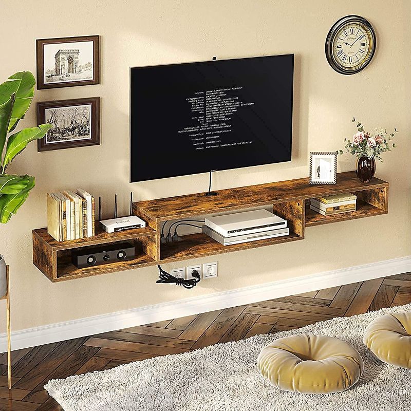 Photo 4 of Rolanstar Wall Mounted Media Console with Power Outlet 70", Rustic Floating TV Stand Component Shelf, Entertainment Storage Shelf for Living Room, Rustic Brown HARDWARE NOT IN ORIGINAL PACKAGING, AS IS USED
